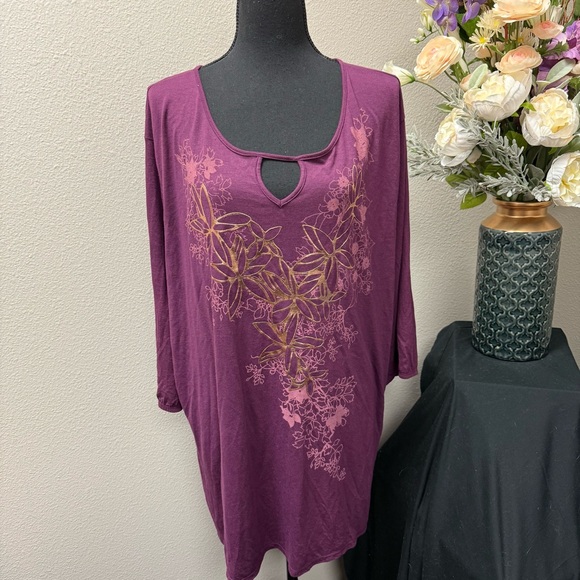 JMS Just My Size 4X Purple Floral Keyhole Tunic Top Plus Size 3/4 Sleeve - Picture 1 of 8